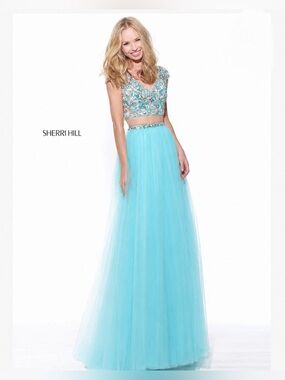NWT $650 Sherri Hill Turquoise Two-Piece Beaded Prom Gown Dress Set Aqua